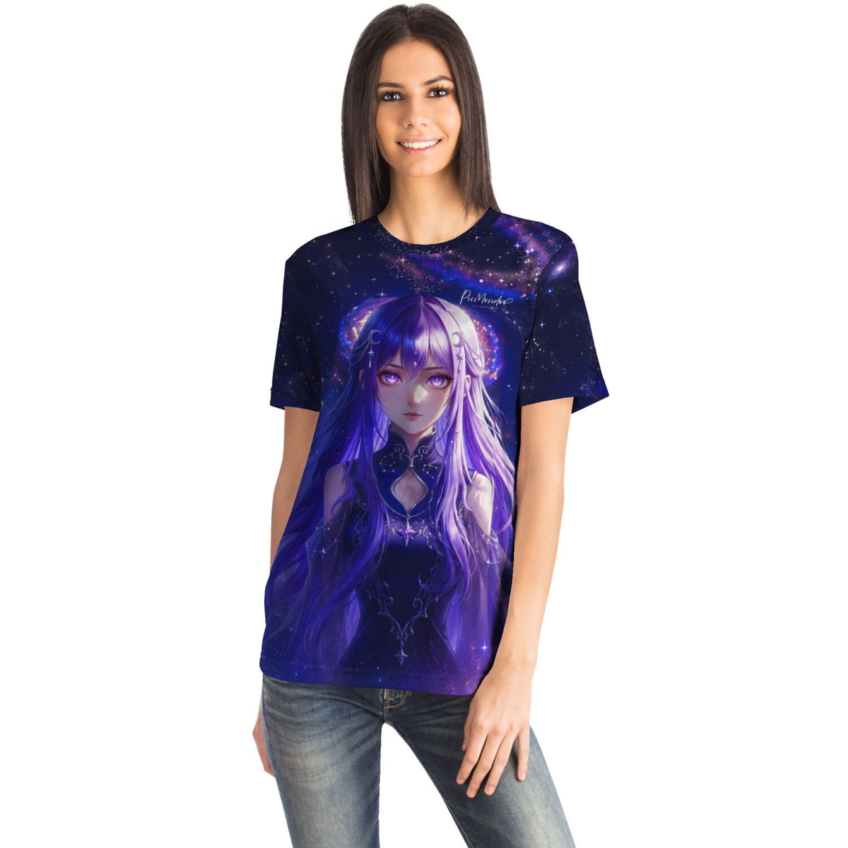 Frau trägt Dreamer T-Shirt mit lila Anime-Mädchen, Sternenhimmel und Mond-Design im Stil von Diamond Painting Kunstwerken