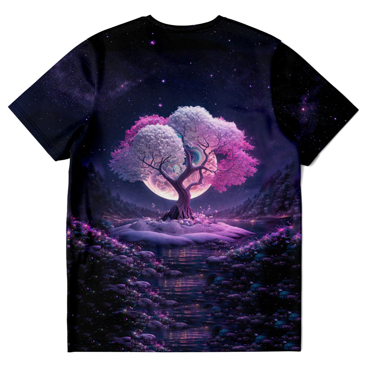 T-Shirt mit Pink Tree at Night Motiv im Stil von Diamond Painting, ideal für Fans von Malen nach Zahlen und Kunst.