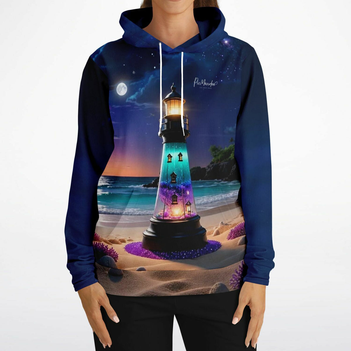 Dreamer Hoodie Leuchtturm der Träume mit Diamond Painting Motiv am Strand bei Vollmond in Blau und Violett