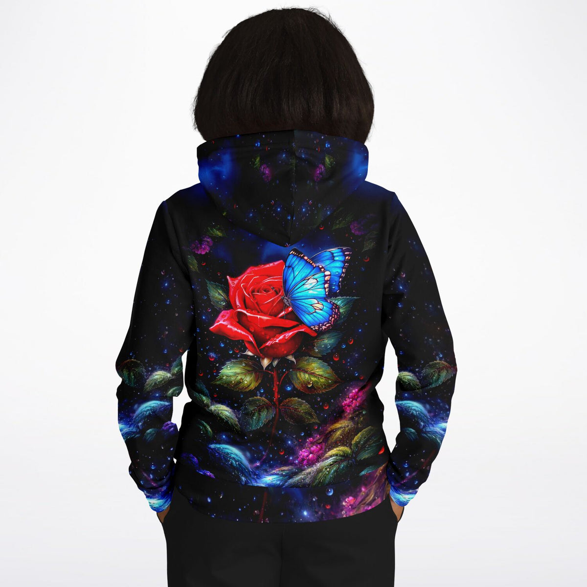 Hoodie mit Motiv: Rote Rose und blauer Schmetterling im Kunststil – ideal für Fans von Diamond Painting und Malen nach Zahlen