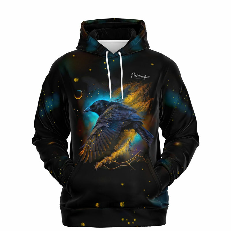 Schwarzer Dreamer Hoodie mit mystischem Hexenrabe Motiv, Galaxy-Design und goldenen Akzenten für Fans von DIY-Kunst.
