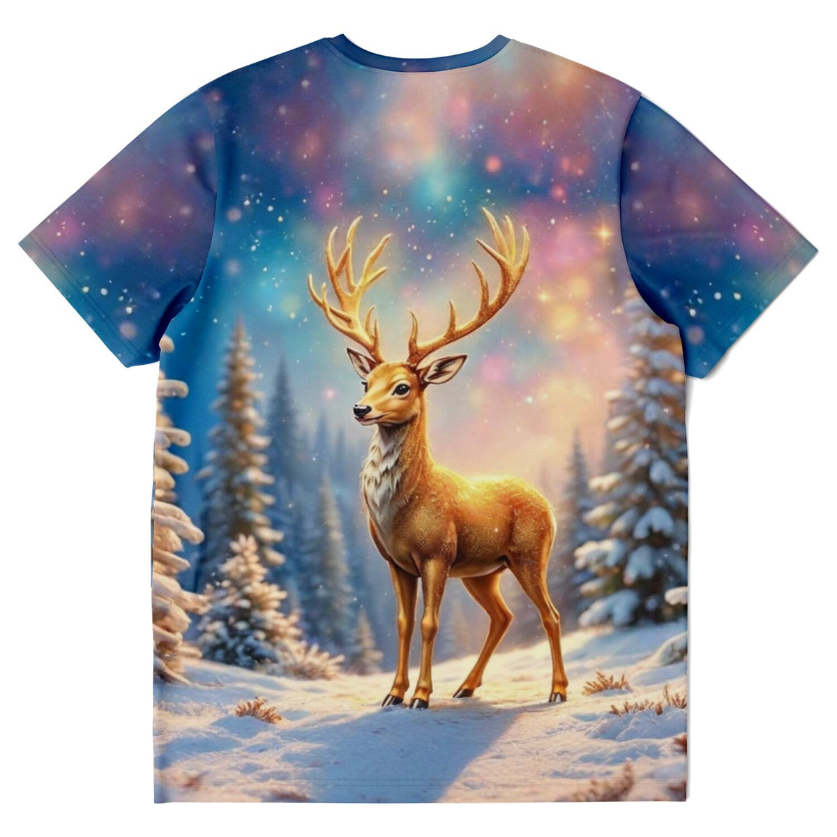 Dreamer T-Shirt mit Golden Hirsch Motiv in verschneiter Winterlandschaft, ideal für Diamond Painting und Kunst Fans
