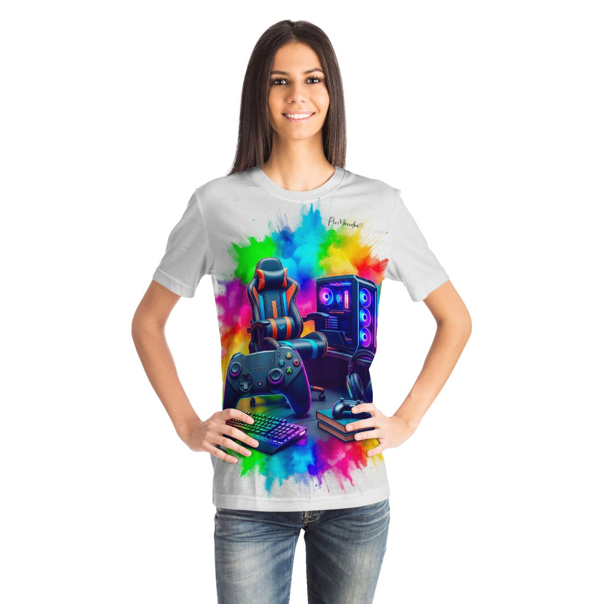 Frau trägt weißes T-Shirt mit farbenfrohem Gaming-Zone Motiv im Diamond Painting Look und Controller-Grafik