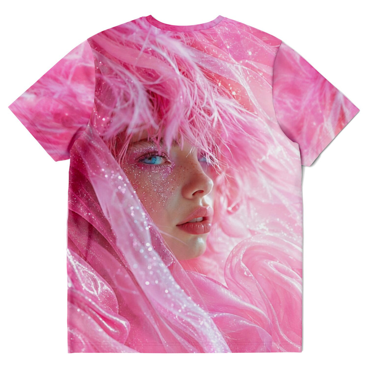 Pink Dream T-Shirt mit Diamond Painting Motiv: verträumtes Frauengesicht in rosa Federn und Glitzer-Optik