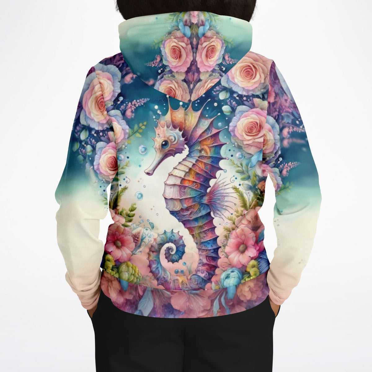 Dreamer Hoodie mit farbenfrohem Seepferdchen und Rosen-Motiv in einem Design ähnlich wie Malen nach Zahlen Kunst