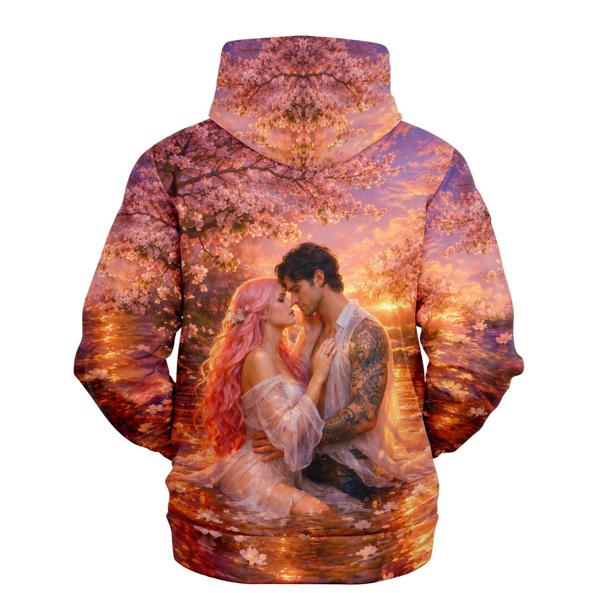 Dreamer Hoodie mit romantischem Liebespaar-Motiv vor Kirschblüten, inspiriert durch Diamond Painting Kunst