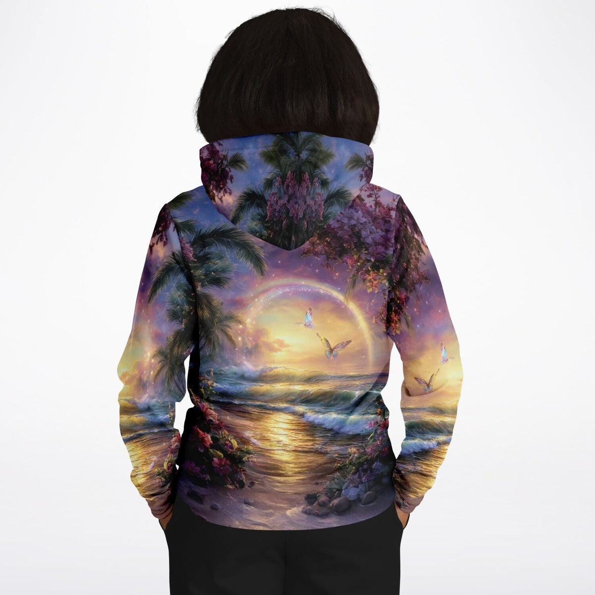 Dreamer Hoodie mit traumhaftem Landschaftsmotiv: Strand, Meer, Regenbogen und Schmetterlinge als Ganzkörperdruck