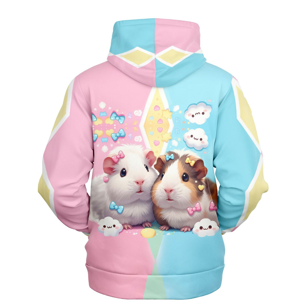 Dreamer Hoodie mit zwei niedlichen Meerschweinchen, Schleifen und Kawaii-Wolken in Pastellfarben für Tierliebhaber.