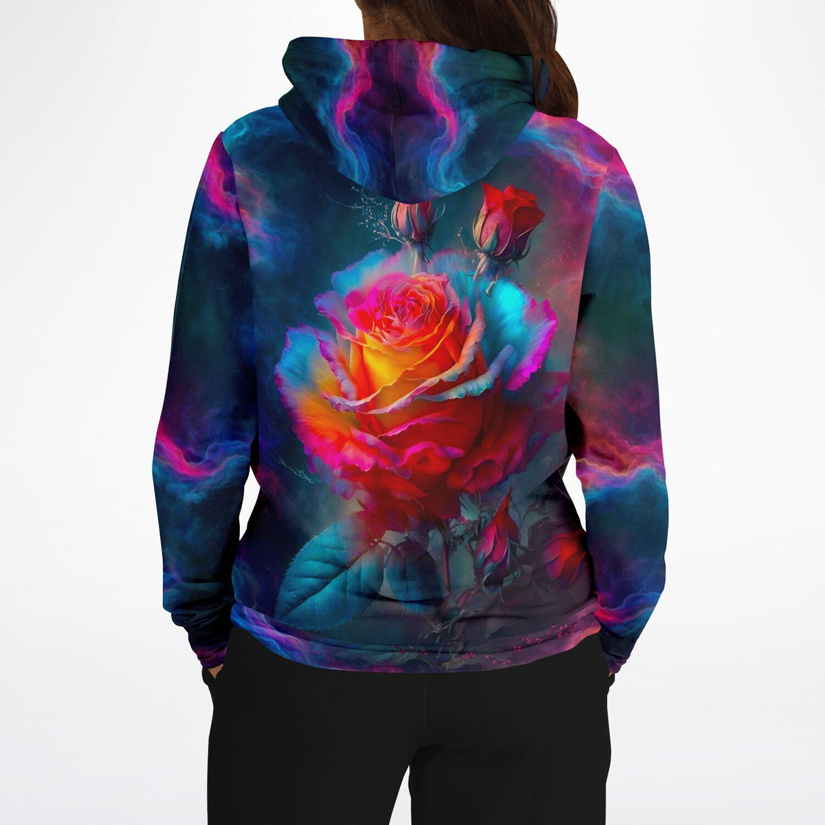Dreamer Hoodie mit farbenprächtigem Rosenblüten-Motiv in leuchtenden Galaxie-Farben für Kunst- und DIY-Liebhaber