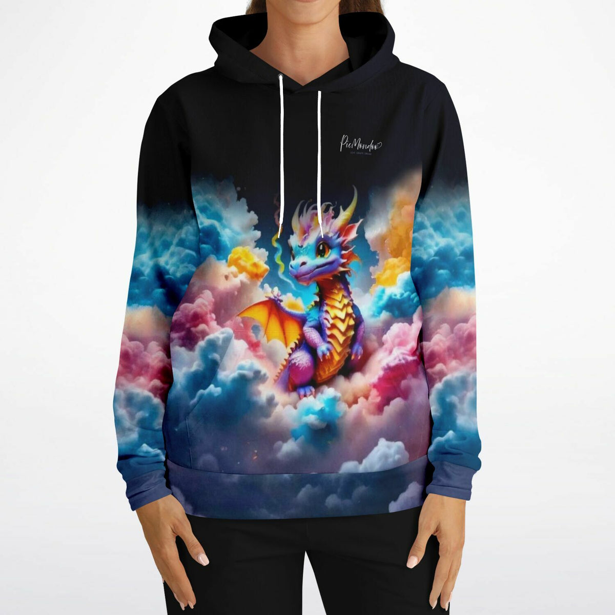 Schwarzer Picmondoo Hoodie mit buntem Baby-Drachen Motiv in leuchtenden Wolken, perfekt für Fans von Malen nach Zahlen.
