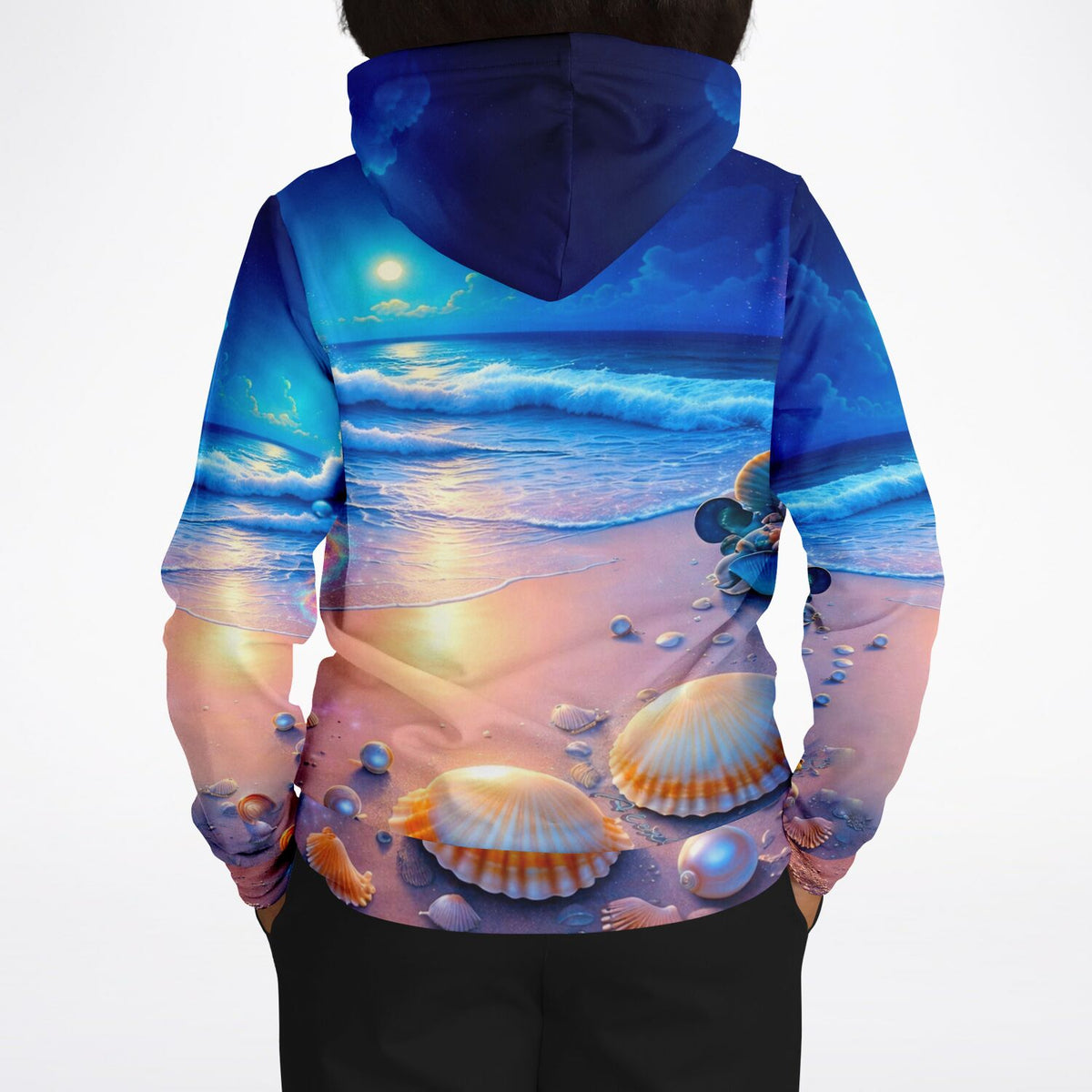 Dreamer Hoodie mit stimmungsvollem Strand bei Nacht, Muscheln und Mondschein, im Stil moderner Malen nach Zahlen Kunst.