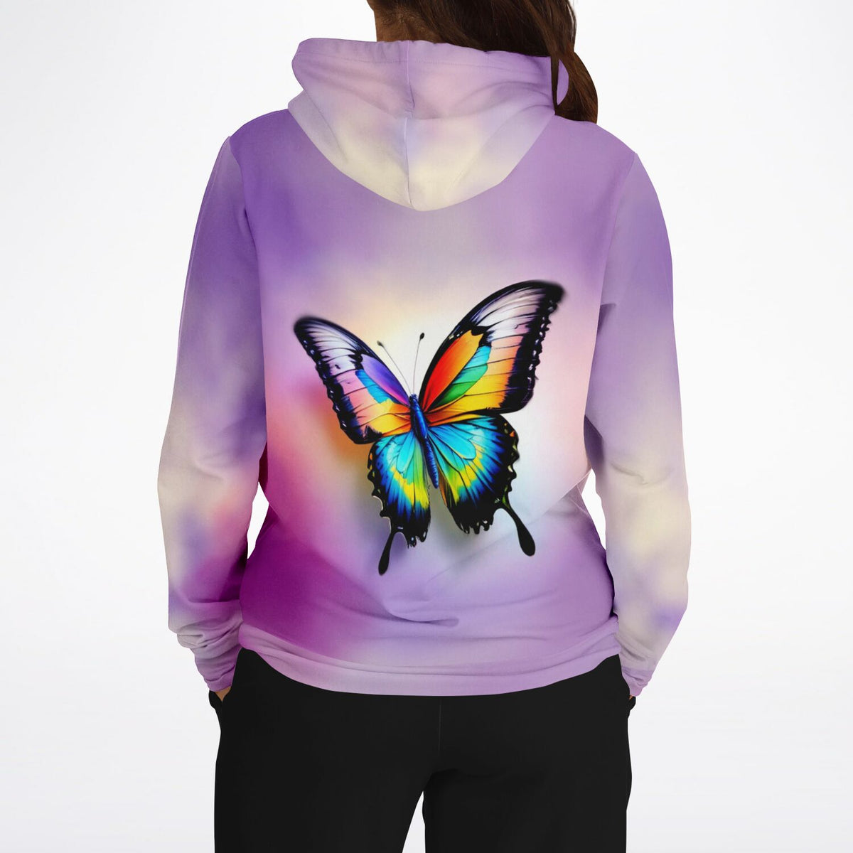 Dreamer Hoodie mit farbenfrohem Schmetterlings-Motiv auf lila Hintergrund, passend zu Diamond Painting und Malen nach Zahlen