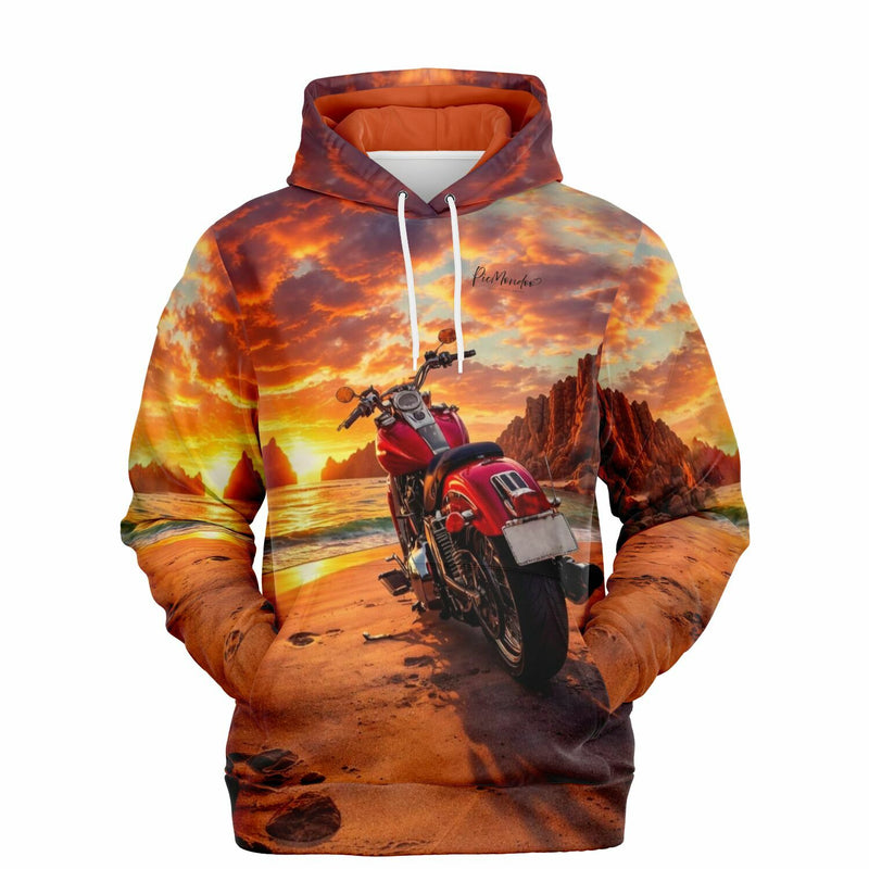 Dreamer Hoodie mit Motorrad Motiv am Strand bei Sonnenuntergang – hochwertiger All-Over-Print für Abenteurer