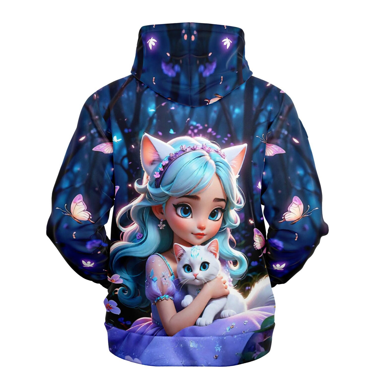 Dreamer Hoodie Kim Kitty Girl mit magischem Katzenmädchen im AOP-Design, perfekt für Fans von Diamond Painting und Kunst