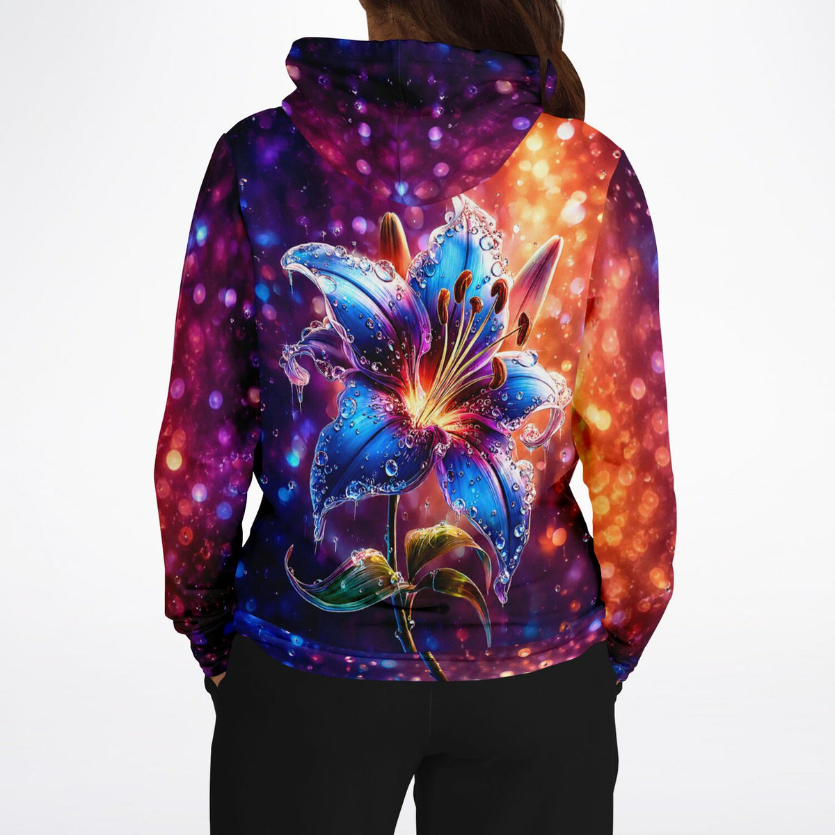 Dreamer Hoodie Regenlied mit leuchtender blauer Lilie und Bokeh-Effekt im Stil unserer Diamond Painting Designwelt