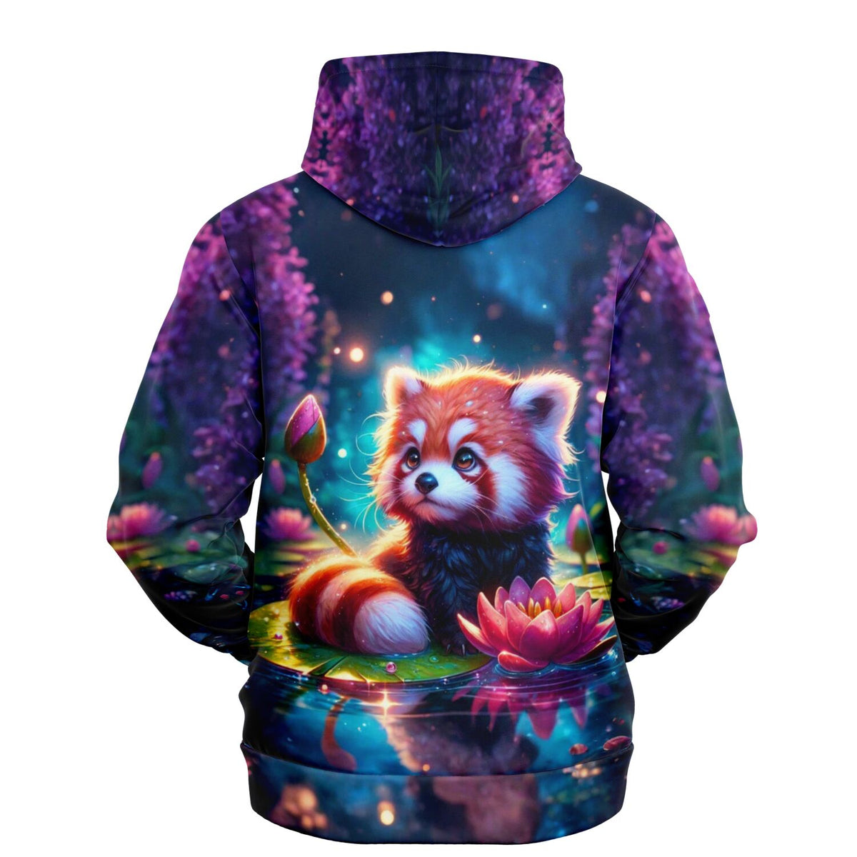 Dreamer Hoodie mit Miko dem Roten Panda im magischen Seerosenteich, AOP Design im Stil beliebter Diamond Painting Motive