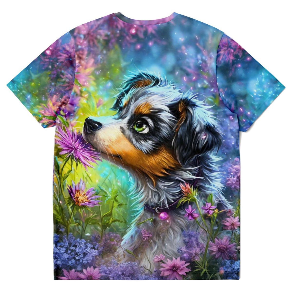 T-Shirt mit Hund im Blumenfeld, im künstlerischen Stil beliebter Diamond Painting und Malen nach Zahlen Motive