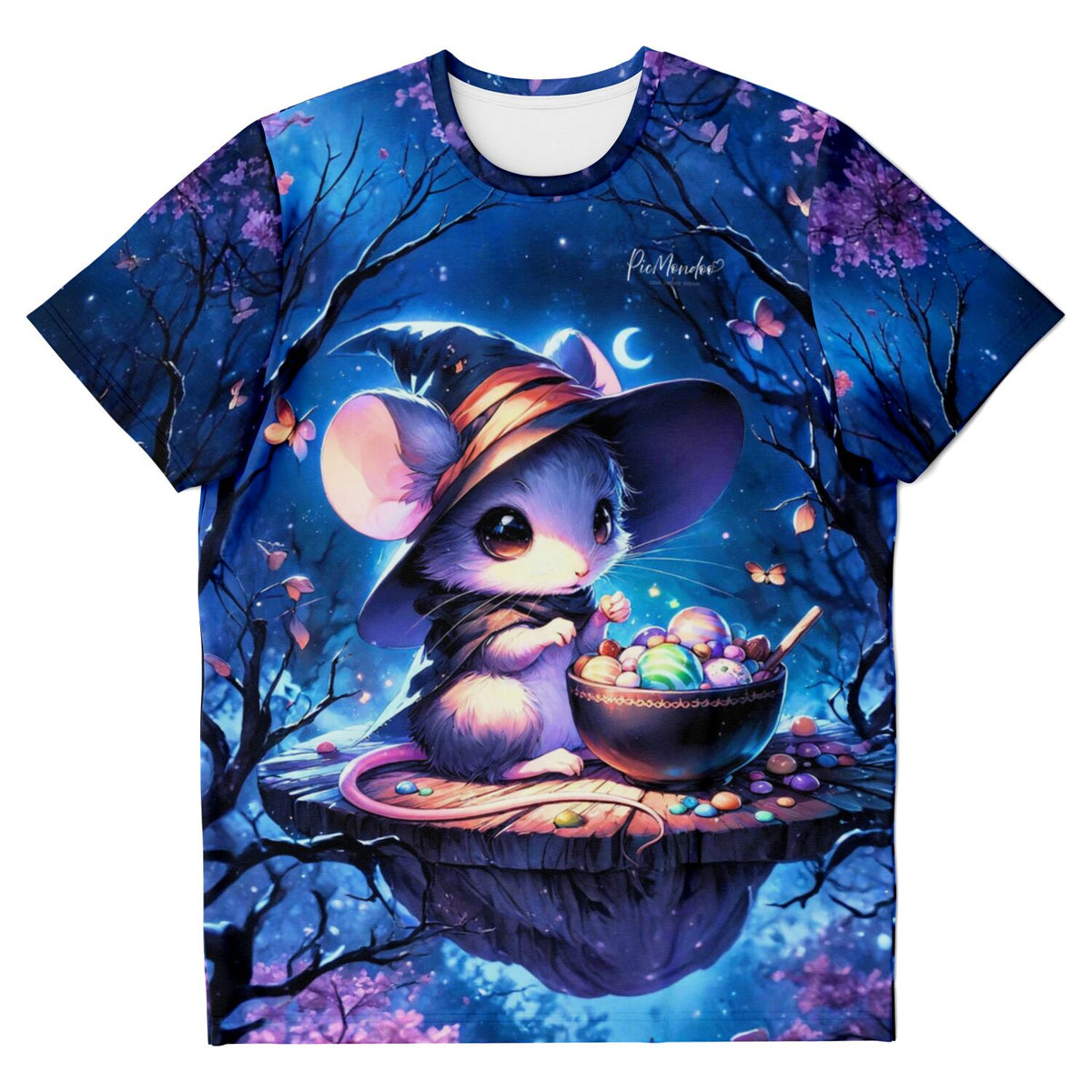 T-Shirt mit süßer Hexen-Maus unter Mondschein, passend zu Diamond Painting und Malen nach Zahlen Designs