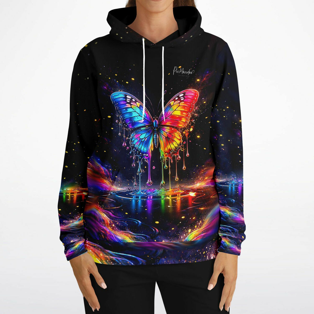 Schwarzer Hoodie mit buntem Waterdrop-Schmetterling im Diamond Painting Stil und lebendigen Regenbogen-Farben