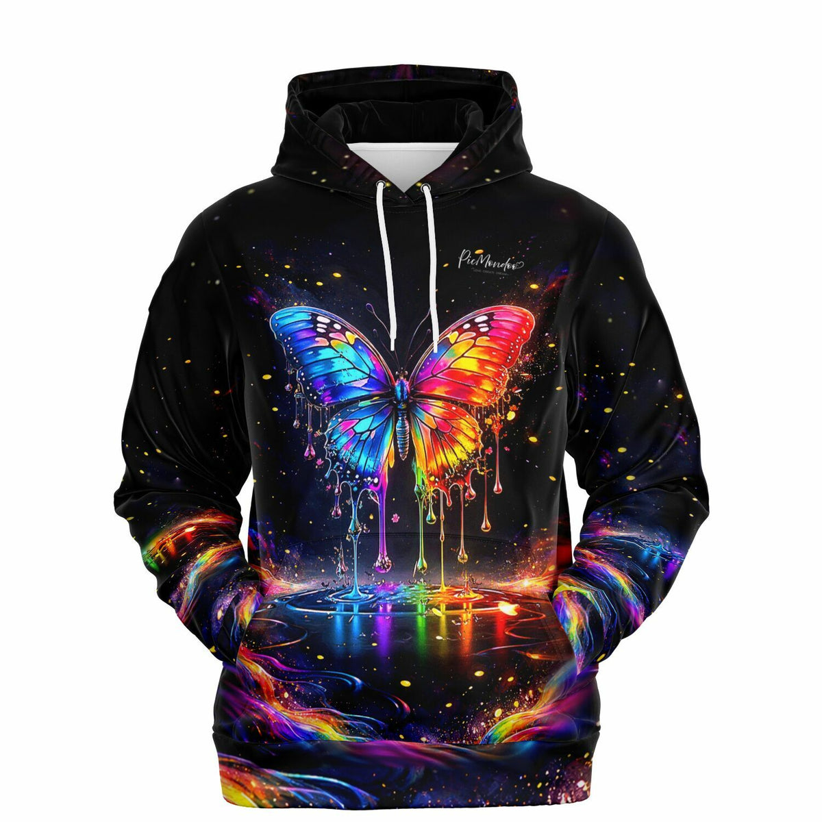 Schwarzer Picmondoo Hoodie mit buntem Waterdrop Butterfly Motiv im Style von Diamond Painting und Malen nach Zahlen