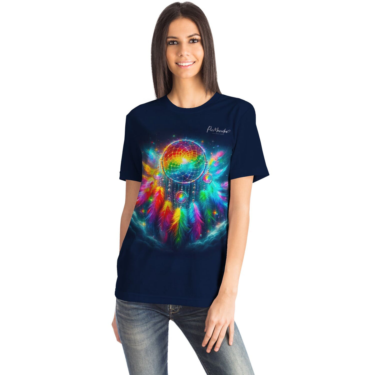Dunkelblaues T-Shirt mit buntem Traumfänger-Motiv und leuchtenden Federn im Stil von Diamond Painting Kunst