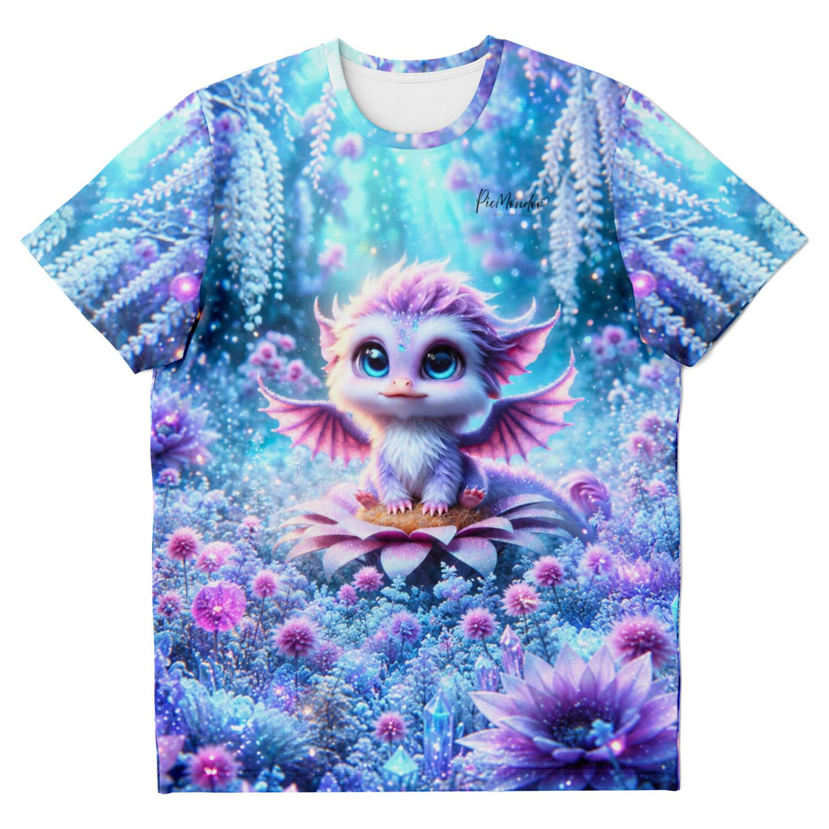 T-Shirt mit süßem Drachen-Motiv in magischem Blumenwald, inspiriert von unseren Diamond Painting und Malen nach Zahlen Sets