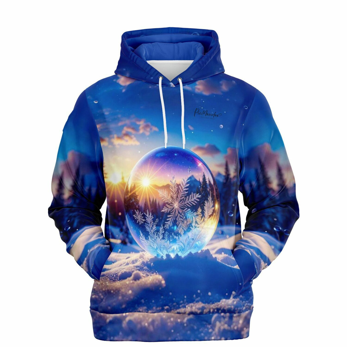 Dreamer Hoodie Kristallwelt: Blauer Kapuzenpullover mit Winterlandschaft, Schneekugel und Schneeflocken Motivdetails