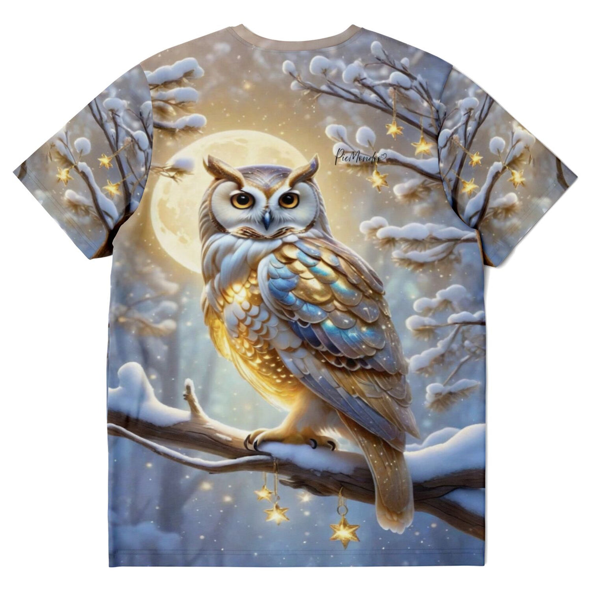 T-Shirt mit goldener Schneeeule im Winterwald, inspiriert von Diamond Painting Motiven und Malen nach Zahlen Designs.