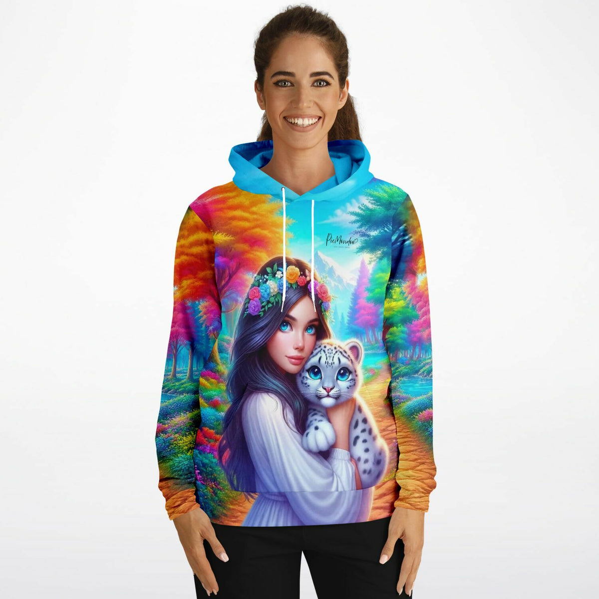 Dreamer Hoodie Amira’s Paradies mit buntem Fantasy-Motiv, Mädchen und Schneeleopard im Stil moderner Malen nach Zahlen Kunst