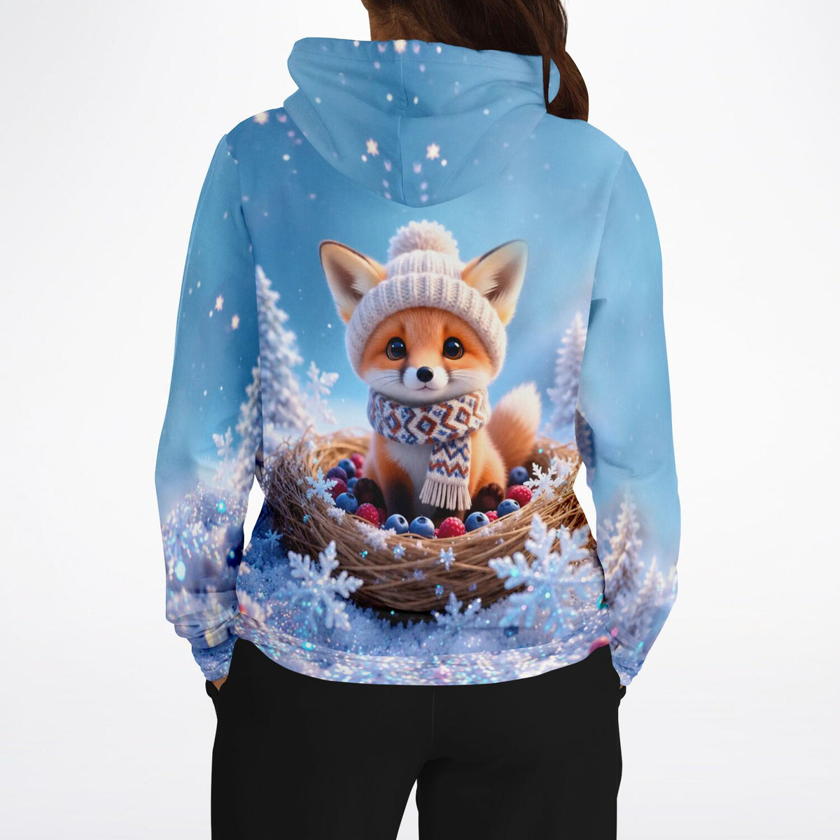 Hoodie mit süßem Fuchs im Winter-Design, perfekt als Motiv für Diamond Painting und Malen nach Zahlen für Erwachsene.