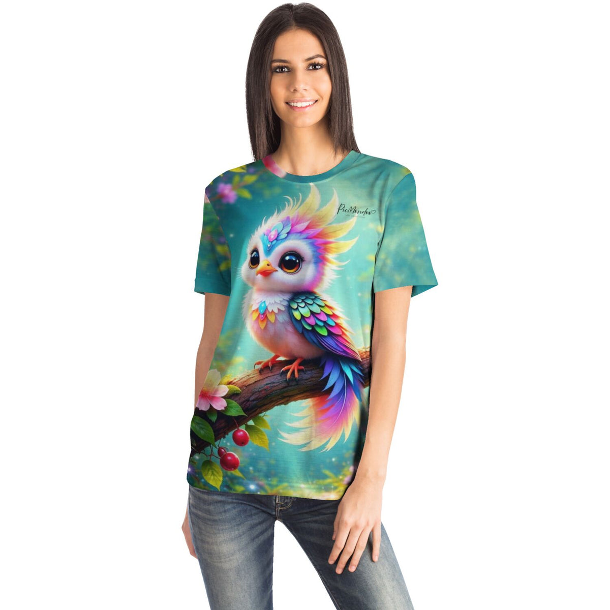 Frau trägt T-Shirt mit buntem Vogel-Motiv im Stil von Diamond Painting und Malen nach Zahlen Kunstwerken