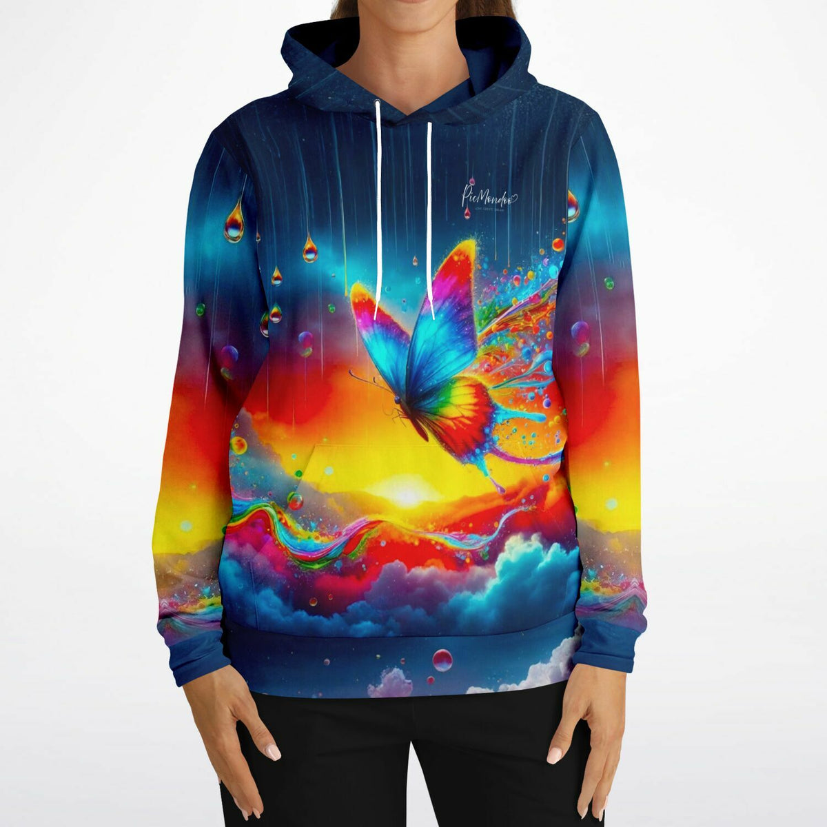 Dreamer Hoodie mit farbenfrohem Schmetterling im Regenbogenfluss Design, ideal für Fans von Diamond Painting und Kunst.