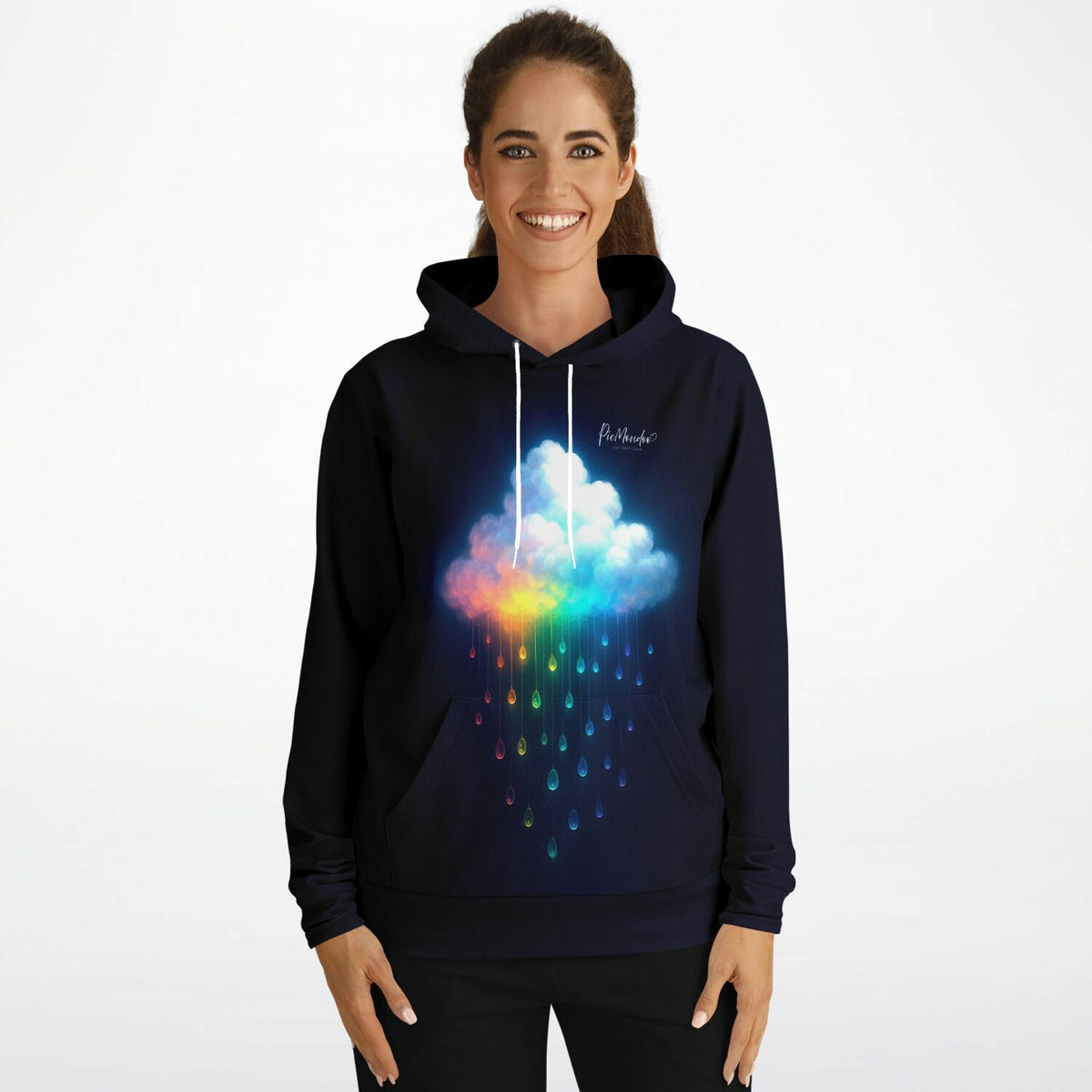 Schwarzer Picmondoo Dreamer Hoodie mit leuchtender Regenbogenwolke und bunten Regentropfen für kreative DIY-Fans