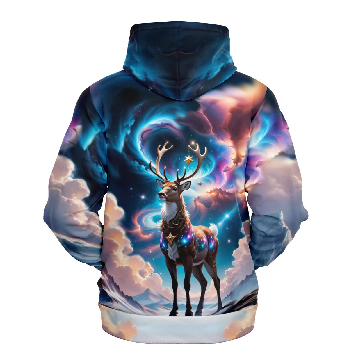 Dreamer Hoodie mit Rentier-Motiv im magischen Abendzauber, künstlerischer Allover-Print in leuchtenden Galaxie-Farben