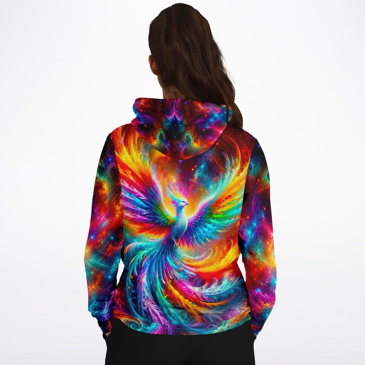 Hoodie mit buntem Phönix-Motiv, das sich ideal als Vorlage für Malen nach Zahlen oder Diamond Painting eignet.