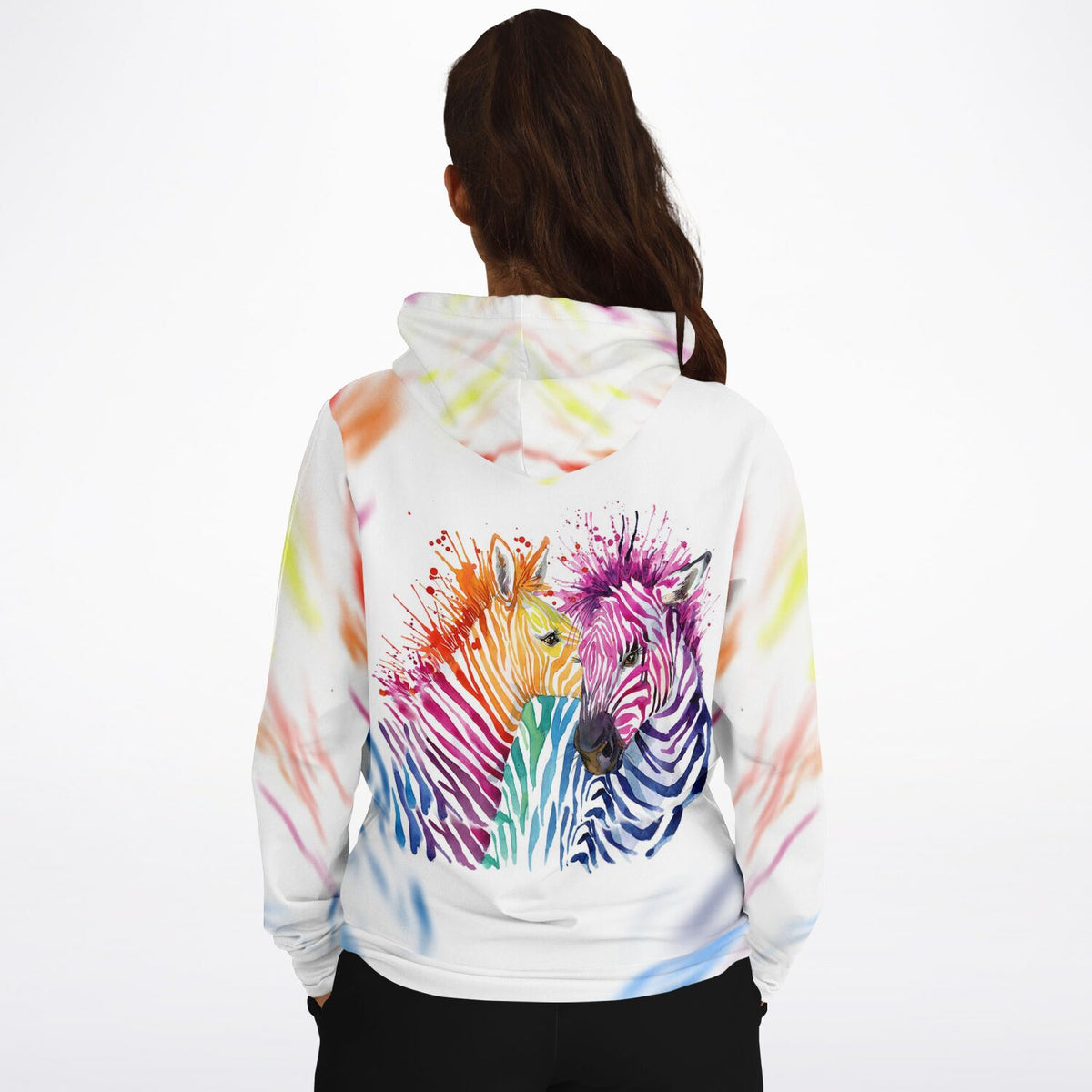 Hoodie mit buntem Zebra-Print im Aquarell-Stil, passend für Fans von Malen nach Zahlen und kreativen DIY-Motiven.