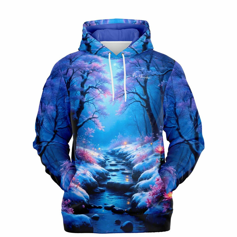 Dreamer Hoodie mit Fluss der Träume Motiv, winterliche Waldlandschaft mit blauem Licht und Blumen, AOP Designer-Pullover