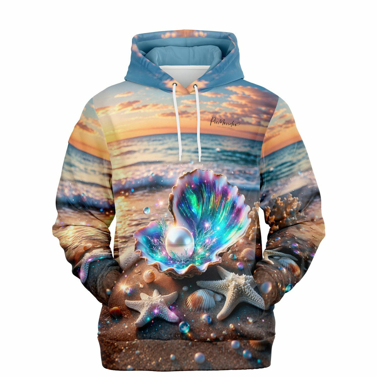Dreamer Hoodie Innerer Schatz mit glitzerndem Muschel-Motiv im Stil von Diamond Painting am Strand bei Sonnenuntergang