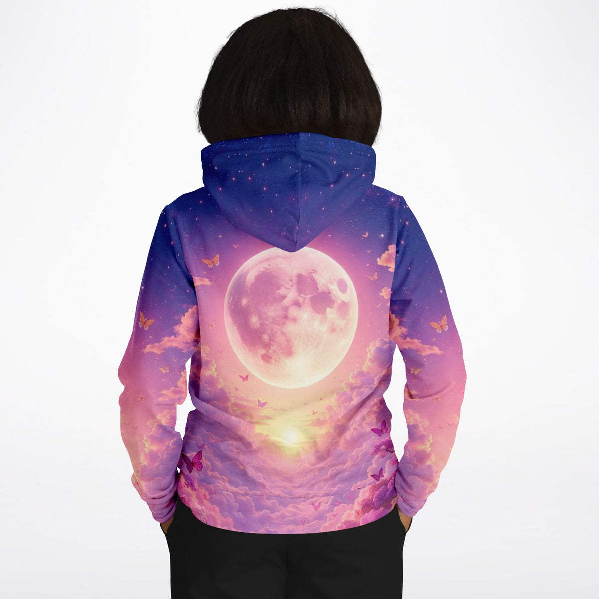 Dreamer Hoodie Wolkenreich mit Vollmond, Sternenhimmel und Schmetterlingen im verträumten Design