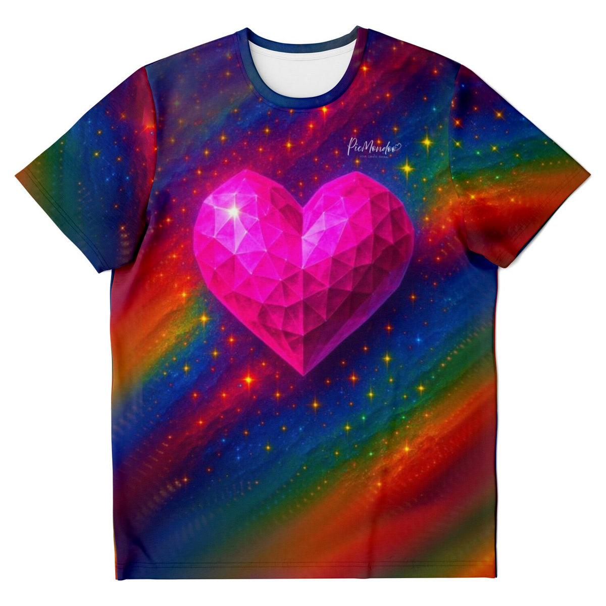 T-Shirt mit buntem Weltraum-Motiv und leuchtendem, facettiertem Herz im Stil von Diamond Painting Kristallen