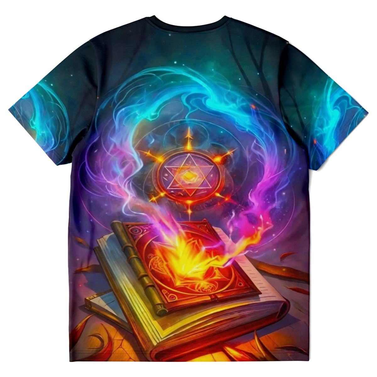 T-Shirt mit magischem Hexenkünste-Motiv: leuchtendes Zauberbuch mit Flammen und mystischem Pentagramm-Symbol