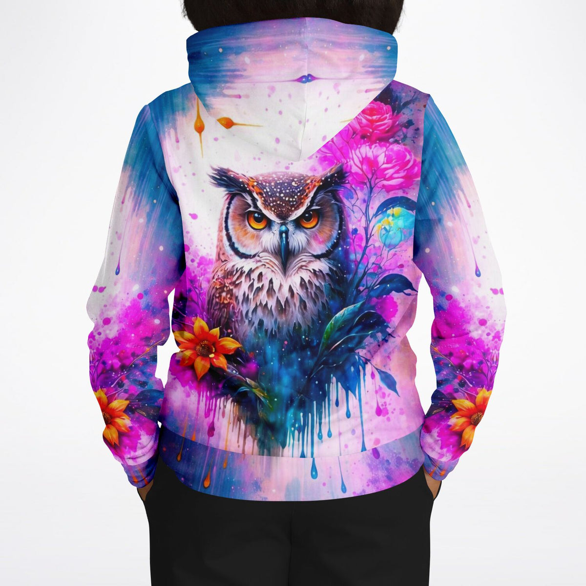 Hoodie mit buntem Eulen-Motiv im Stil von Diamond Painting und Malen nach Zahlen Kunst mit leuchtenden Farbverläufen