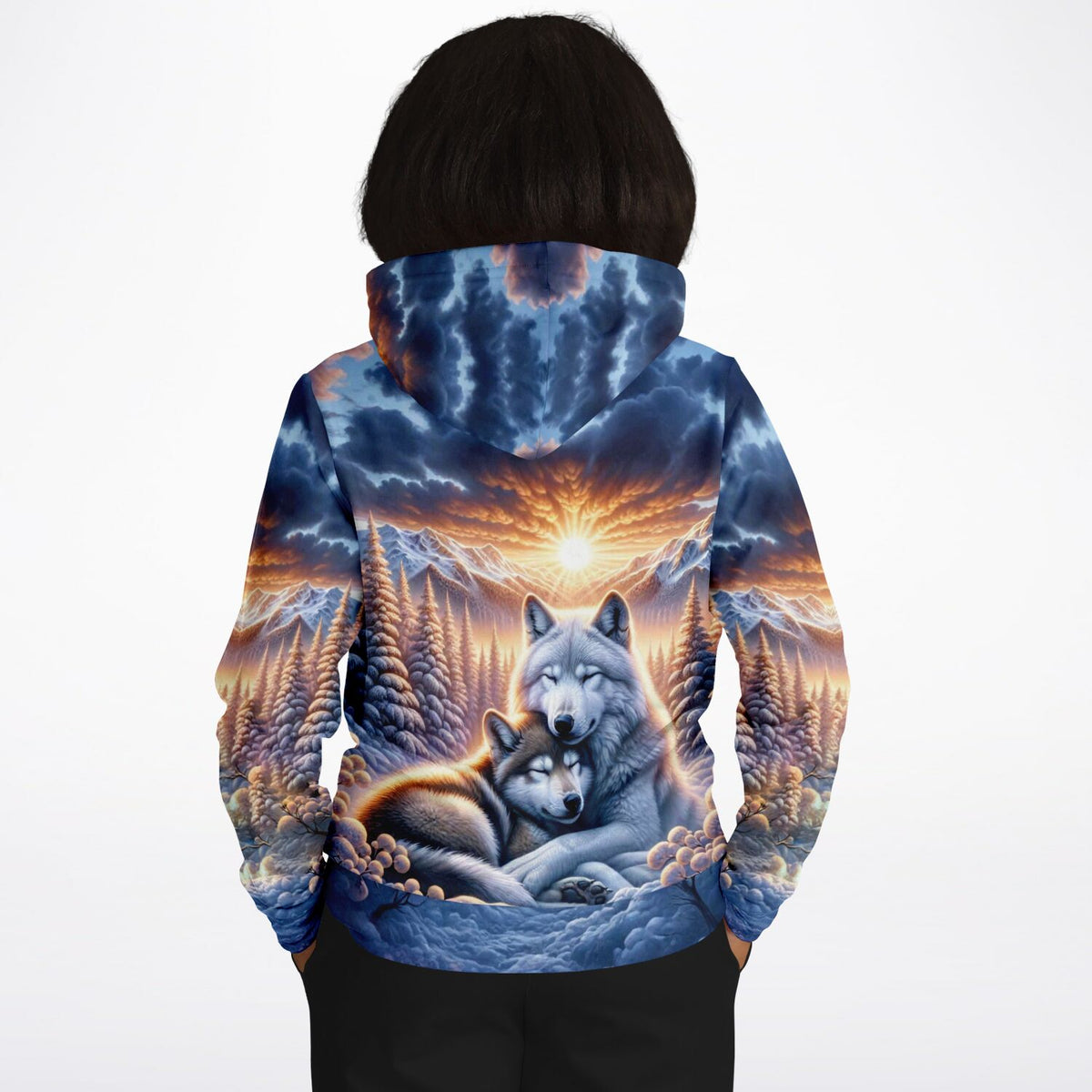 Dreamer Hoodie mit Wolfsmotiv im Sonnenaufgang, inspiriert von Designs für Diamond Painting und Malen nach Zahlen