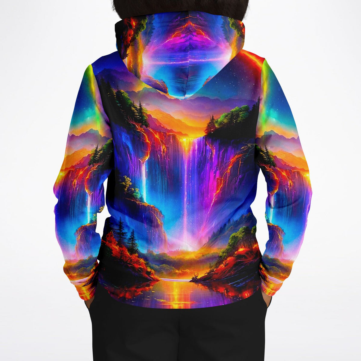 Dreamer Hoodie mit farbenintensivem Wasserfall-Motiv in Nachtleuchten-Optik als AOP-Design