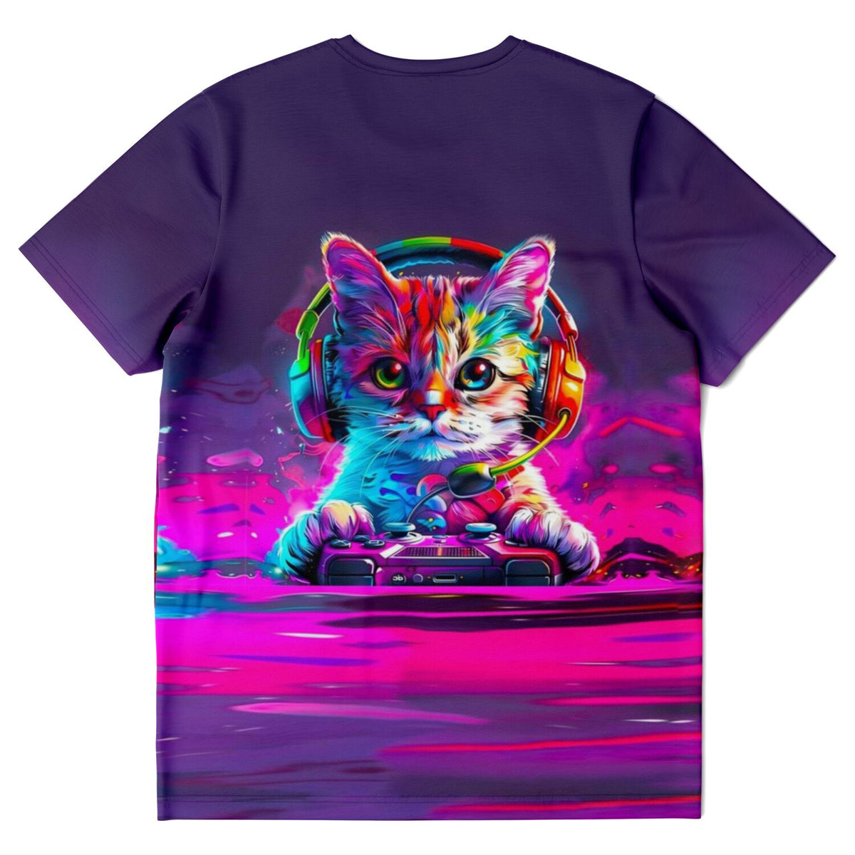 Lila T-Shirt mit buntem Gaming Katze Motiv, Kopfhörer und Controller Print für Gamer im Kunst-Stil von Malen nach Zahlen