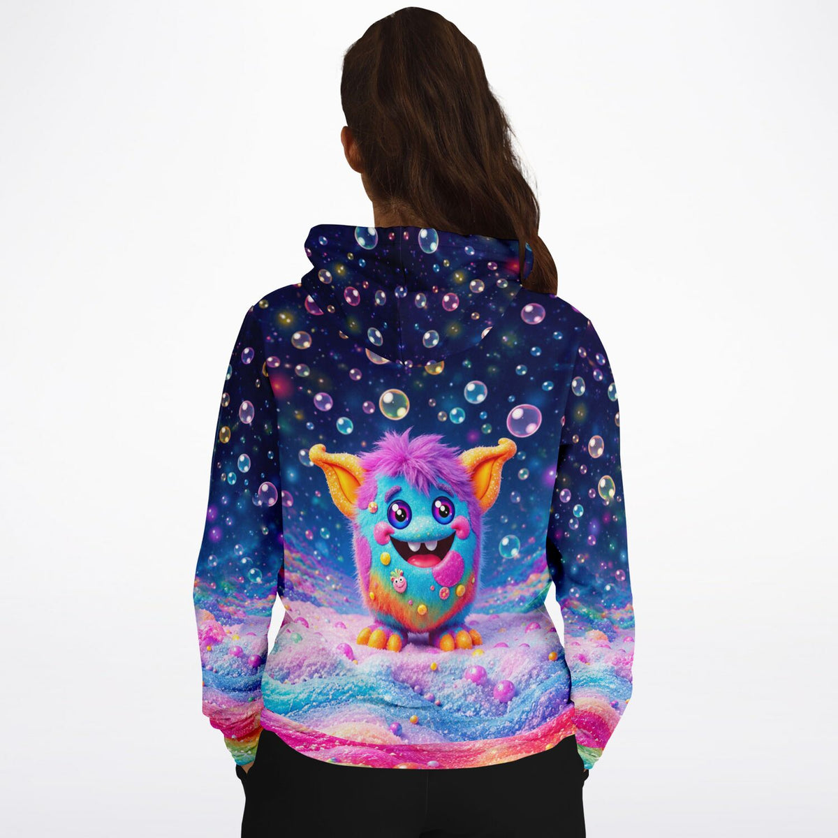 Dreamer Hoodie mit buntem Grinsebacke-Monster-Motiv, Bubbles und farbenfrohem Hintergrund für DIY-Fans