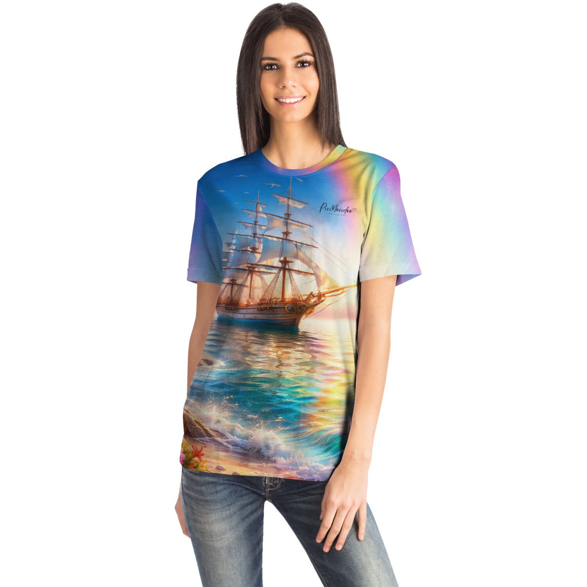 Frau trägt Dreamer T-Shirt mit buntem Segelschiff-Motiv, das an Diamond Painting Freiheit auf See erinnert