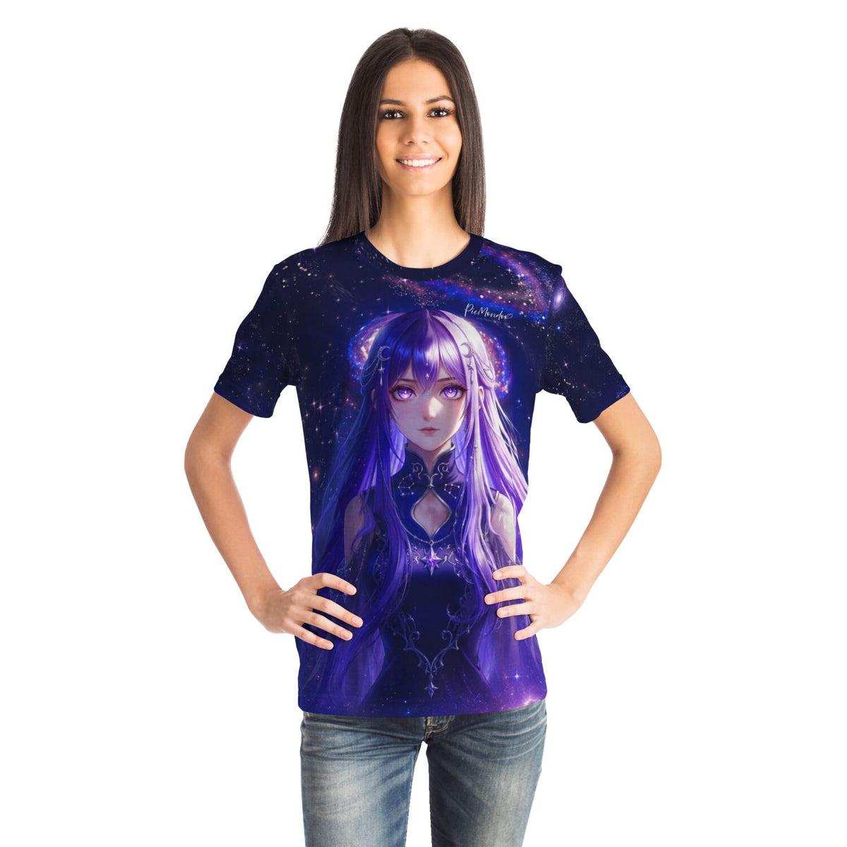Frau trägt ein Purple Moon Star T-Shirt mit Anime-Motiv, das perfekt zu Diamond Painting Kunstwerken passt.