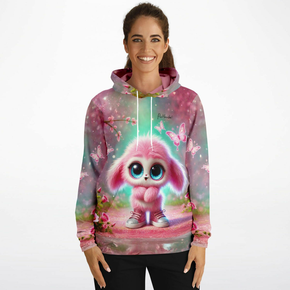 Frau trägt Pink Fluffel Knuffel Kapuzenpullover mit niedlichem Diamond Painting Motiv: rosa Wesen und Schmetterlinge
