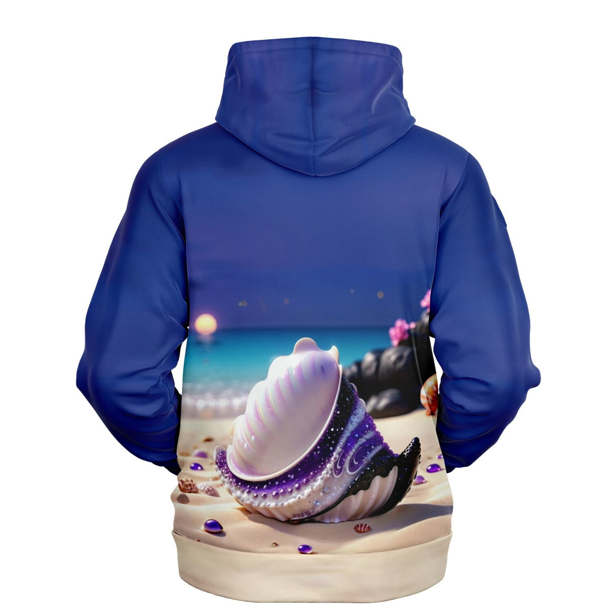 Dreamer Hoodie Muschel Violett mit Strand-Motiv in Blau und Lila, perfekt für Fans von kreativen Lifestyle-Designprints